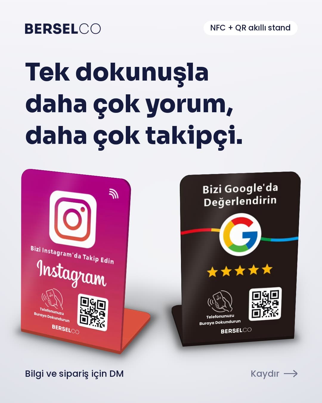 Berselco Akıllı NFC Google ve Instagram Standı - Tek dokunuşla daha çok yorum, daha çok takipçi